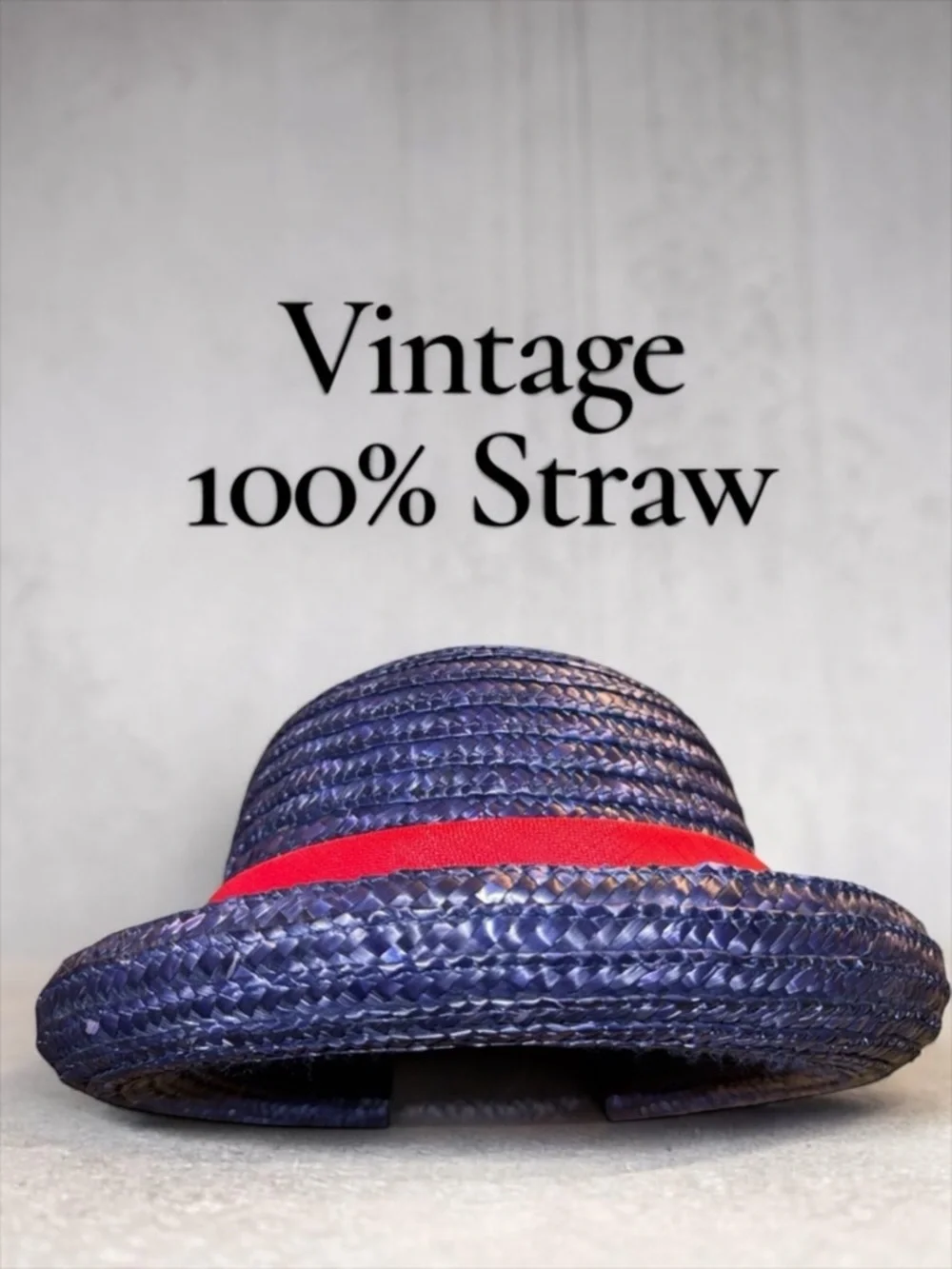 Vintage Navy Blue Straw Boater Hat Red Ribbon Band Retro Old Money Style Fedora